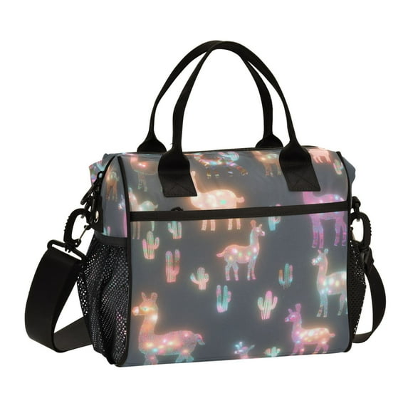 FORMRS Insulated Lunch Bag Unisex Large Capacity with Shoulder Strap, Neon Llamas Pattern