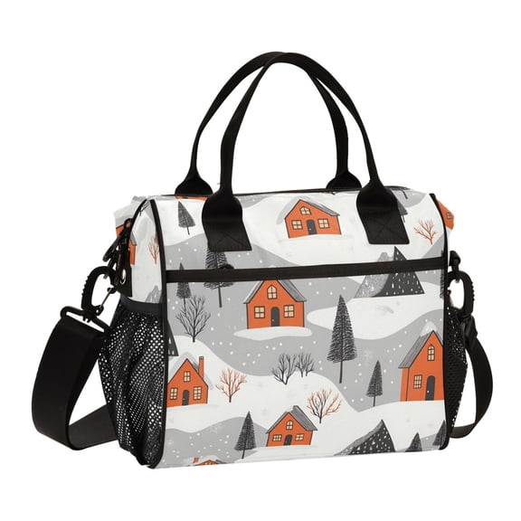 FORMRS Insulated Lunch Bag for Work School Unisex Large Capacity Cooler with Shoulder Strap, Orange Cartoon Houses