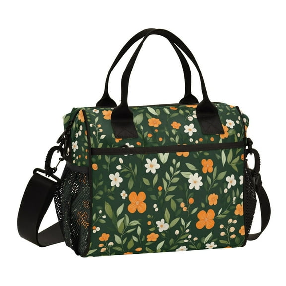 FORMRS Insulated Lunch Bag Unisex Large Capacity with Shoulder Strap, Orange Flowers