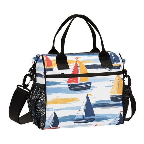 FORMRS Insulated Lunch Bag Unisex Large Capacity with Shoulder Strap, Orange Hand Drawn Sailboats