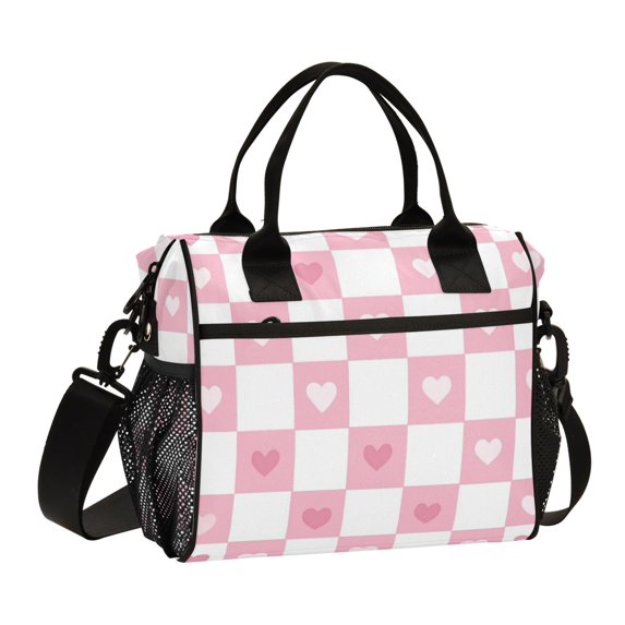 FORMRS Insulated Lunch Bag Unisex Large Capacity with Shoulder Strap, Pink Checkered Heart
