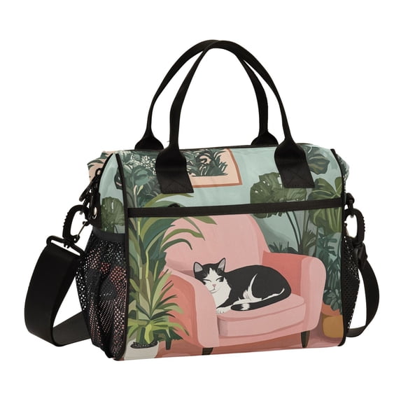 FORMRS Insulated Lunch Bag for Work School Unisex Large Capacity Cooler with Shoulder Strap, Pink Sleeping Cat