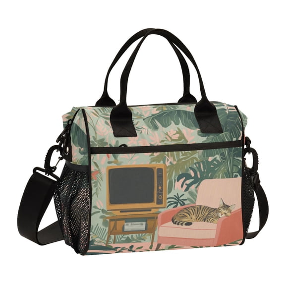 FORMRS Insulated Lunch Bag for Work School Unisex Large Capacity Cooler with Shoulder Strap, Pink and Green Cat
