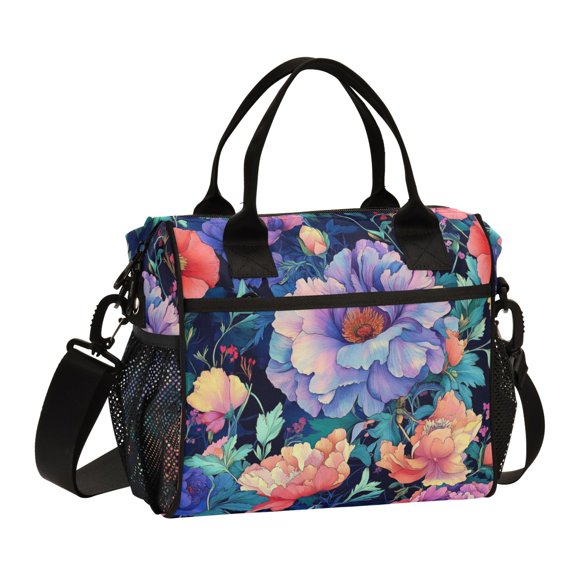 FORMRS Insulated Lunch Bag Unisex Large Capacity with Shoulder Strap, Puprle Ethereal Floral Harmony