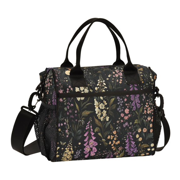 FORMRS Insulated Lunch Bag Unisex Large Capacity with Shoulder Strap, Purple Floral Pattern