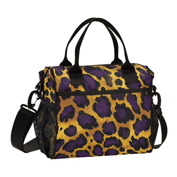 FORMRS Insulated Lunch Bag Unisex Large Capacity with Shoulder Strap, Purple Leopard Print