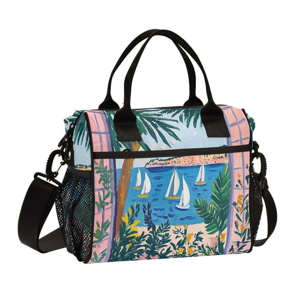 FORMRS Insulated Lunch Bag Unisex Large Capacity with Shoulder Strap, Purple Seaside