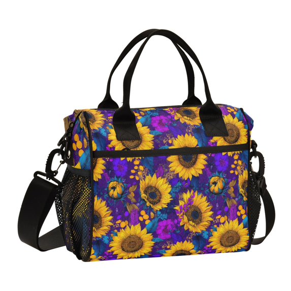 FORMRS Insulated Lunch Bag for Work School Unisex Large Capacity Cooler with Shoulder Strap, Purple Sunflower Pattern