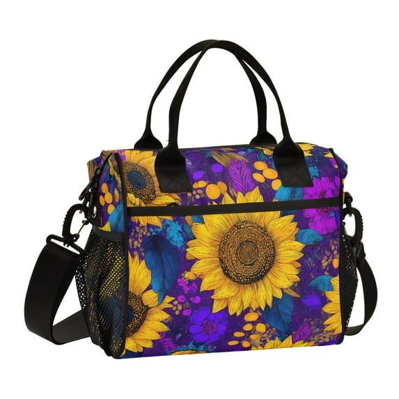 FORMRS Insulated Lunch Bag Unisex Large Capacity with Shoulder Strap, Purple Sunflower Pattern
