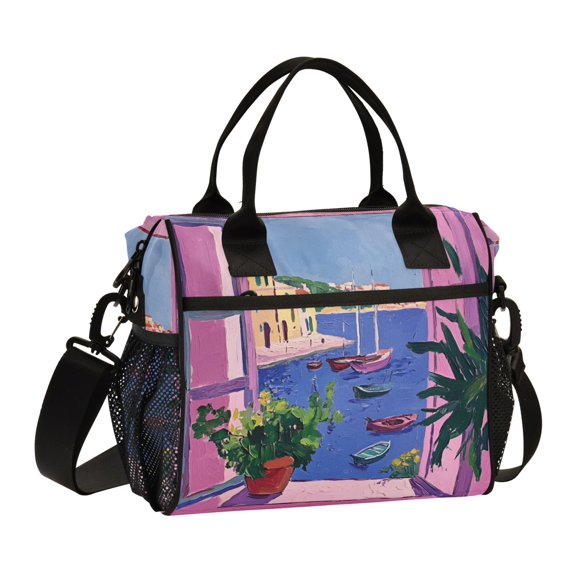 FORMRS Insulated Lunch Bag for Work School Unisex Large Capacity Cooler with Shoulder Strap, Purple Window Scene