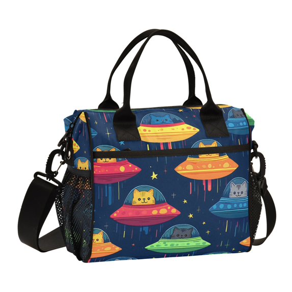 FORMRS Insulated Lunch Bag Unisex Large Capacity with Shoulder Strap, Rainbow Space Cat