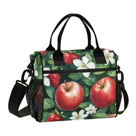 FORMRS Insulated Lunch Bag Unisex Large Capacity with Shoulder Strap, Red Apple Pattern