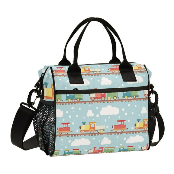 FORMRS Insulated Lunch Bag Unisex Large Capacity with Shoulder Strap, Red Trains Pattern