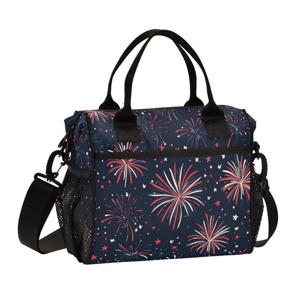 FORMRS Insulated Lunch Bag for Work School Unisex Large Capacity Cooler with Shoulder Strap, Red and White Fireworks Pattern