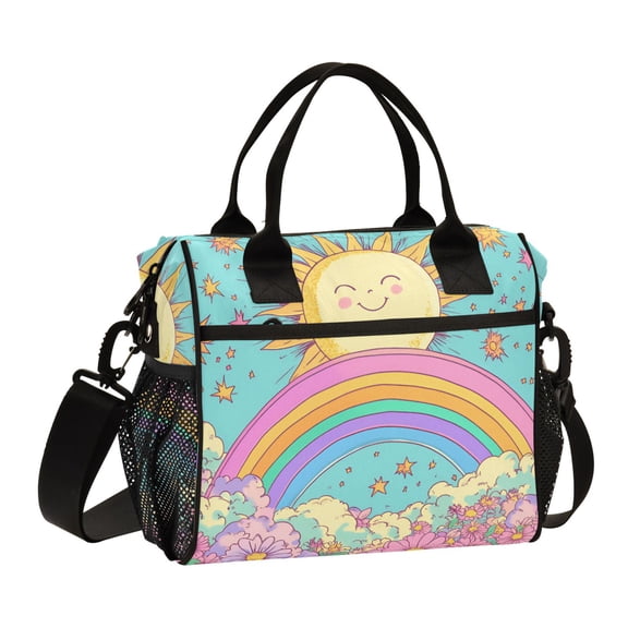 FORMRS Insulated Lunch Bag for Work School Unisex Large Capacity Cooler with Shoulder Strap, Retro Blue Rainbow