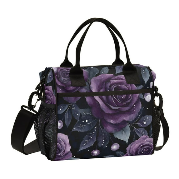 FORMRS Insulated Lunch Bag Unisex Large Capacity with Shoulder Strap, Roses and Pearls