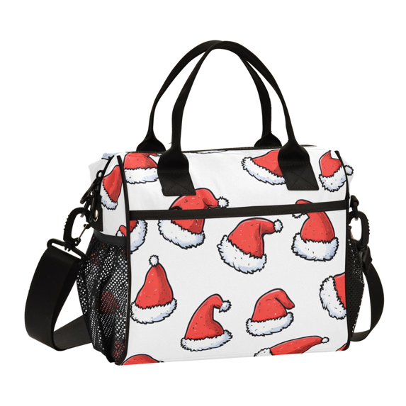 FORMRS Insulated Lunch Bag Unisex Large Capacity with Shoulder Strap, Santa Hats Pattern