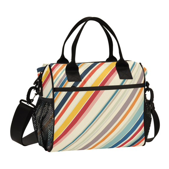FORMRS Insulated Lunch Bag for Work School Unisex Large Capacity Cooler with Shoulder Strap, Striped Pattern