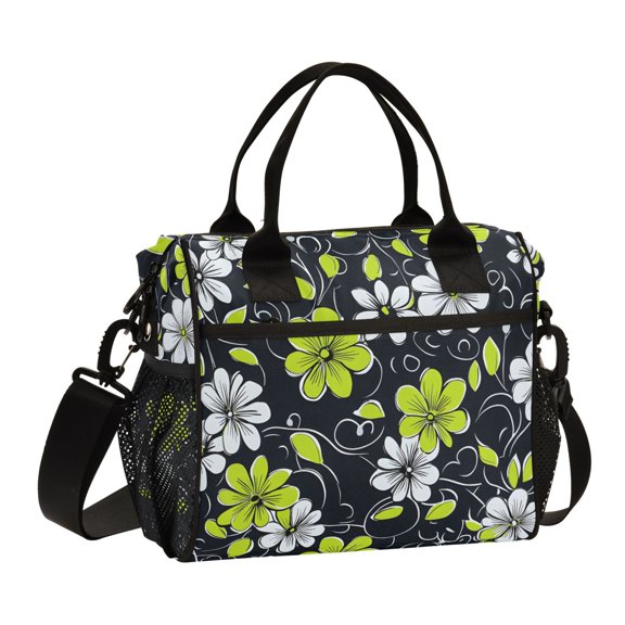FORMRS Insulated Lunch Bag Unisex Large Capacity with Shoulder Strap, White Flower Pattern