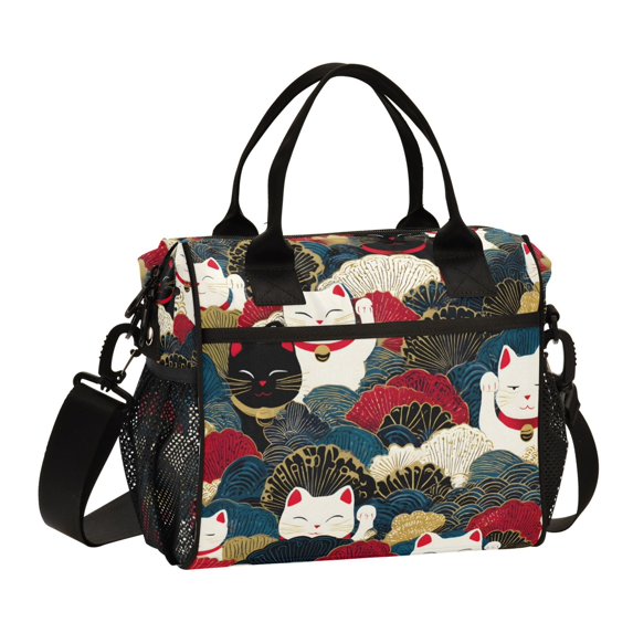 FORMRS Insulated Lunch Bag Unisex Large Capacity with Shoulder Strap, White Lucky Cat