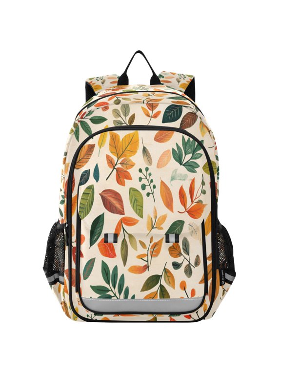 Unisex School Backpack 17" Student Travel Bag with Laptop Compartment, Beige Retro Leaves