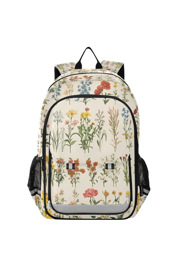 School Backpack 17" Student Travel Bag with Laptop Compartment, Beige Wildflowers
