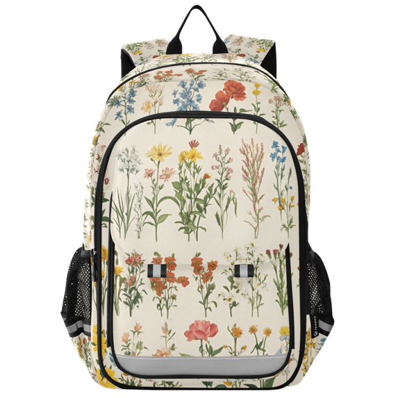 FORMRS Unisex School Backpack 17" Student Travel Bag with Laptop Compartment, Beige Wildflowers