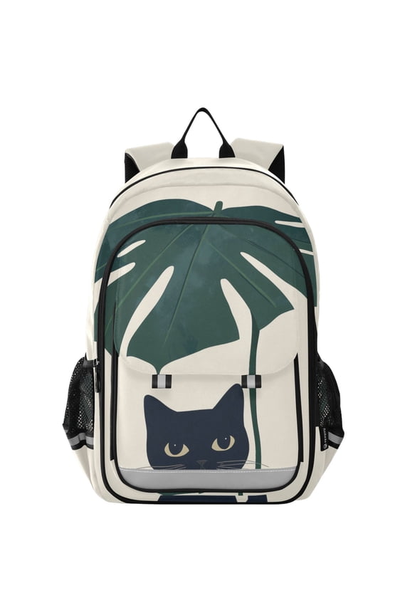 Unisex School Backpack 17" Student Travel Bag with Laptop Compartment, Black Cat Plants