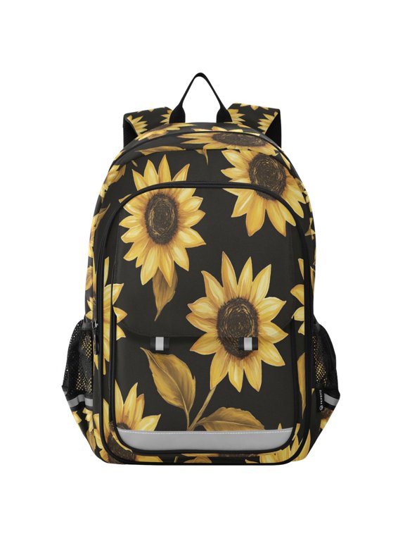 School Backpack 17" Student Travel Bag with Laptop Compartment, Black Sunflower Pattern