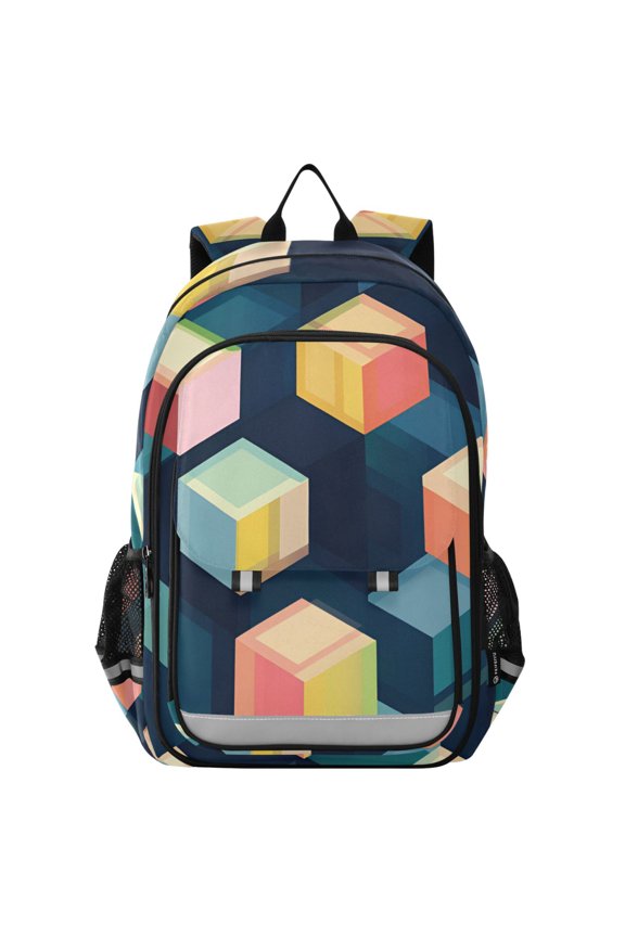 School Backpack 17" Student Travel Bag with Laptop Compartment, Blue Cubes