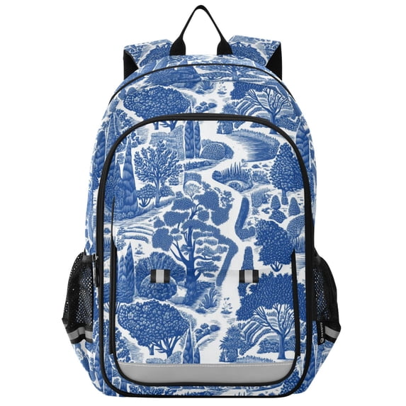 FORMRS Unisex School Backpack 17" Student Travel Bag with Laptop Compartment, Blue Garden Pattern