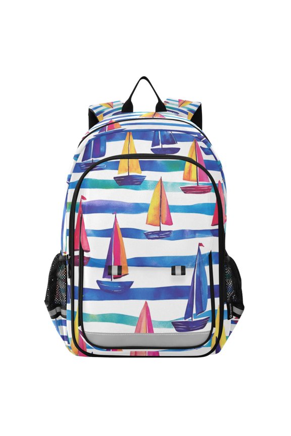 School Backpack 17" Student Travel Bag with Laptop Compartment, Blue Hand Drawn Sailboats