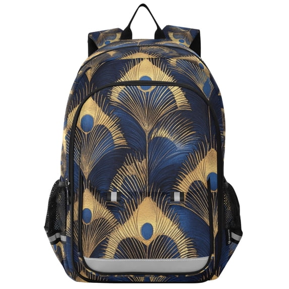 FORMRS Unisex School Backpack 17" Student Travel Bag with Laptop Compartment, Blue Peacock Feathers Pattern