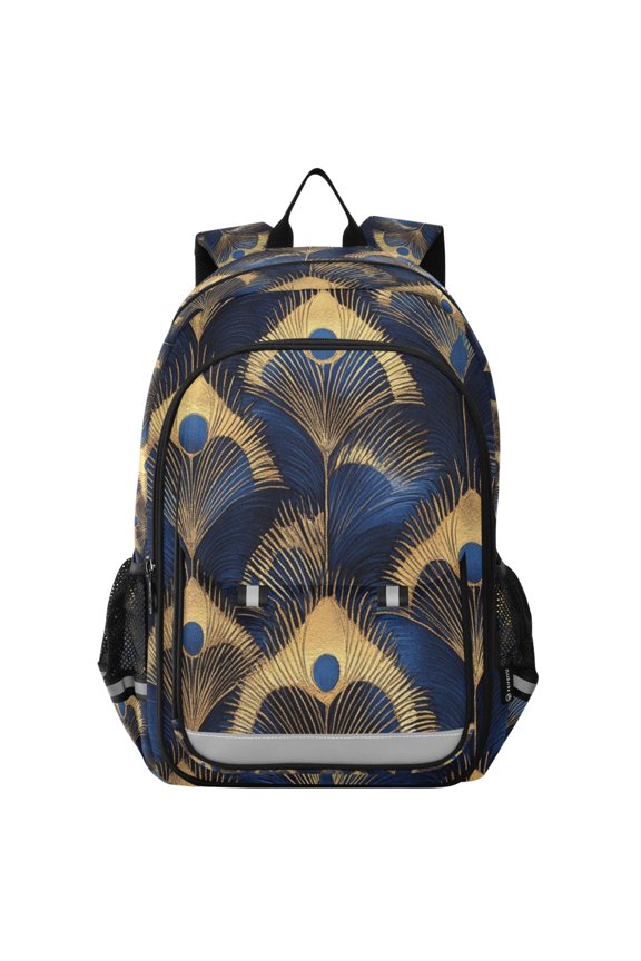 School Backpack 17" Student Travel Bag with Laptop Compartment, Blue Peacock Feathers Pattern