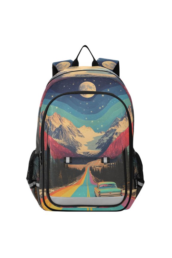 Unisex School Backpack 17" Student Travel Bag with Laptop Compartment, Colorful Road