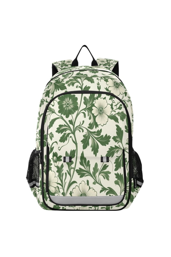 Unisex School Backpack 17" Student Travel Bag with Laptop Compartment, Green Floral