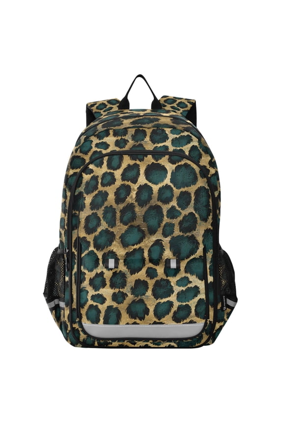 Unisex School Backpack 17" Student Travel Bag with Laptop Compartment, Green Leopard Print Pattern