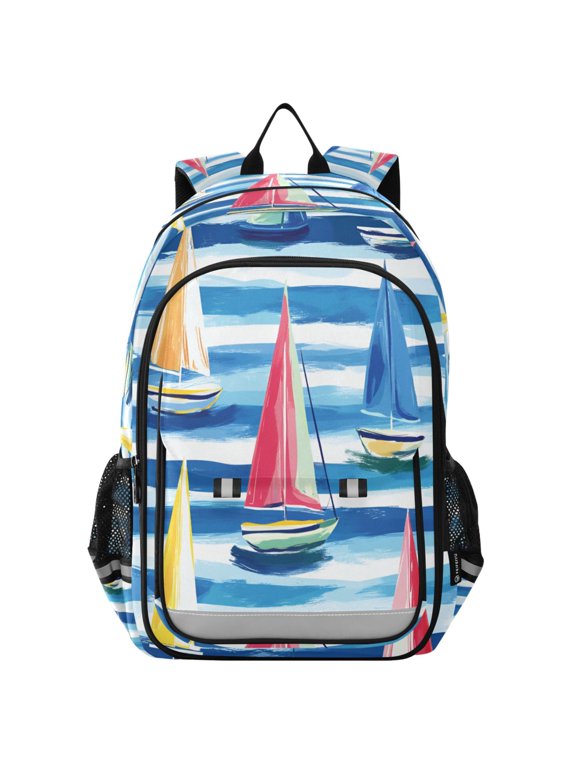 Unisex School Backpack 17" Student Travel Bag with Laptop Compartment, Green Sailboats