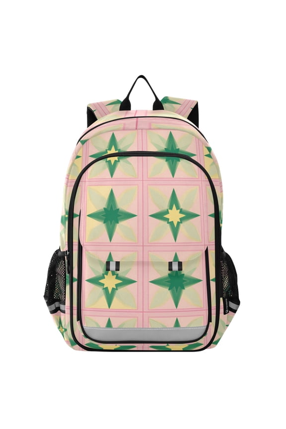 Unisex School Backpack 17" Student Travel Bag with Laptop Compartment, Green Symmetrical Stars