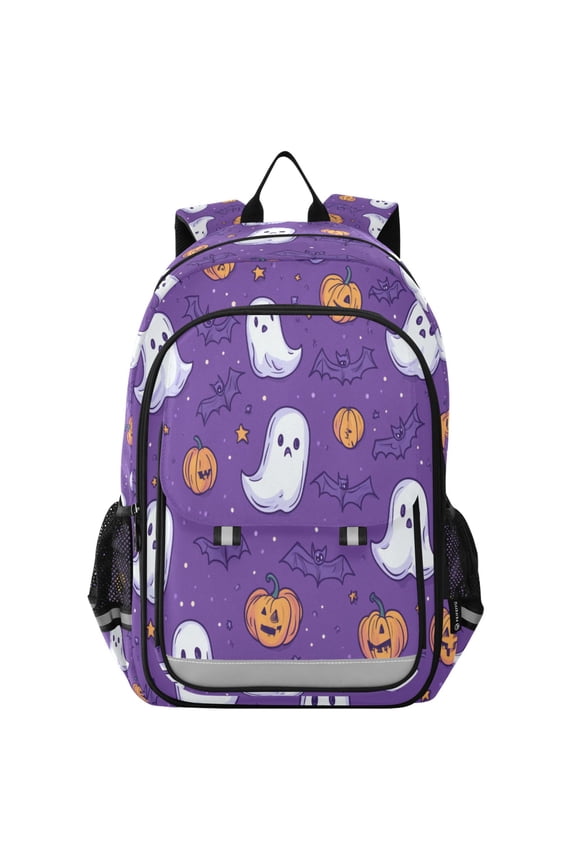 School Backpack 17" Student Travel Bag with Laptop Compartment, Halloween Purple Ghosts