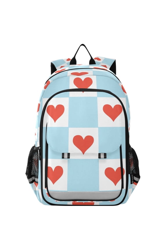 School Backpack 17" Student Travel Bag with Laptop Compartment, Light Blue Checkered Heart