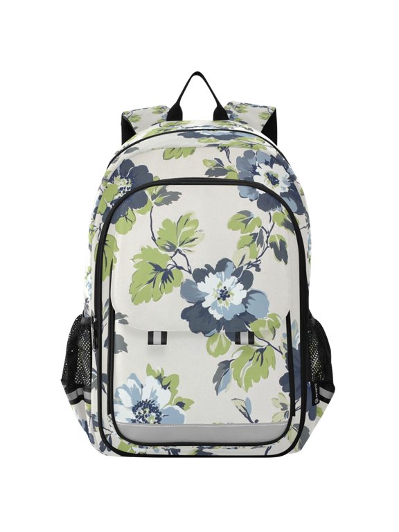Unisex School Backpack 17" Student Travel Bag with Laptop Compartment, Light Floral Pattern