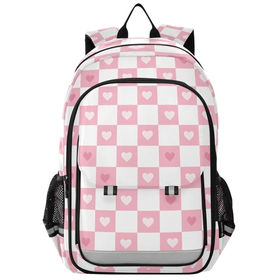 FORMRS Unisex School Backpack 17" Student Travel Bag with Laptop Compartment, Pink Checkered Heart
