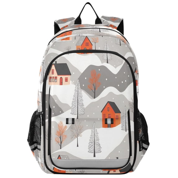 FORMRS Unisex School Backpack 17" Student Travel Bag with Laptop Compartment, Snow Cartoon Houses
