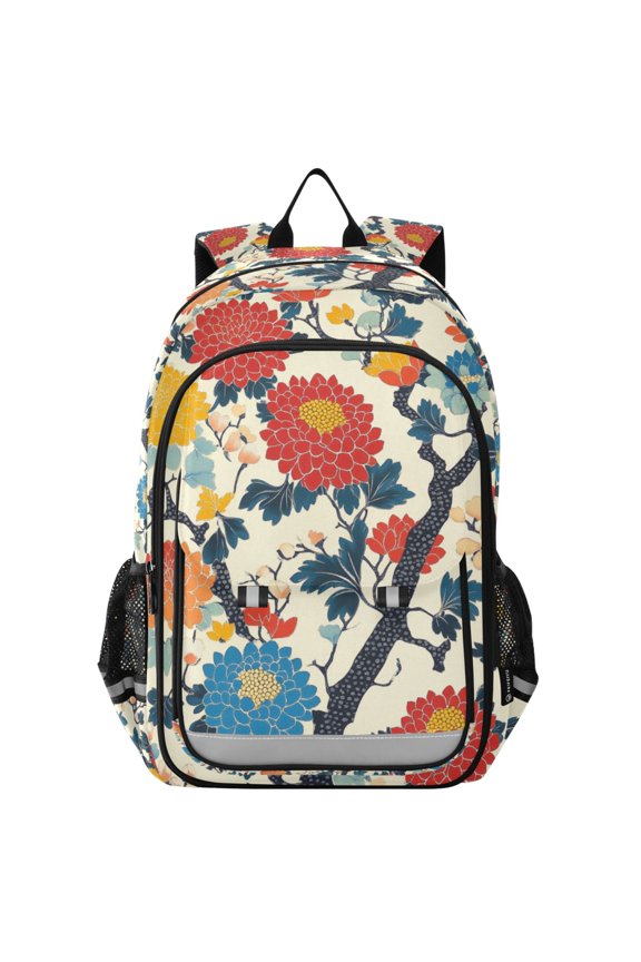 School Backpack 17" Student Travel Bag with Laptop Compartment, Vibrant Japanese Flowers