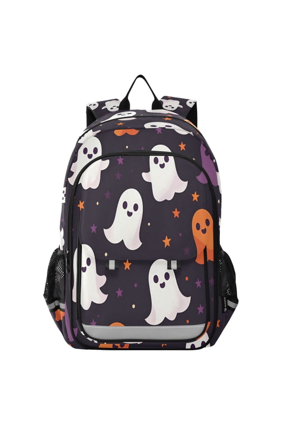School Backpack 17" Student Travel Bag with Laptop Compartment, White Halloween Ghosts