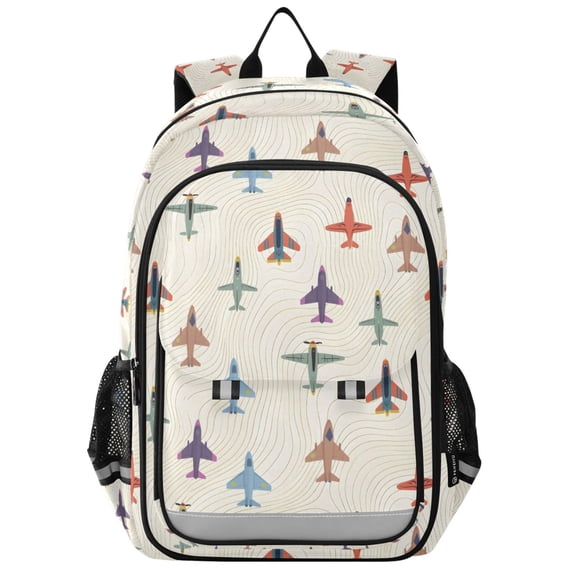 FORMRS Kids Backpack for School Unisex 17" Casual Bookbag Travel Daypack with Compartment Pockets, Beige Cartoon Planes Pattern