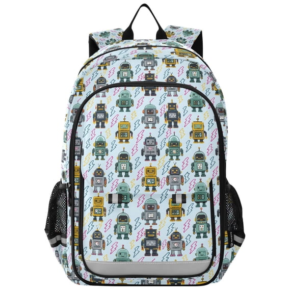 FORMRS Kids Backpack for School Unisex 17" Casual Bookbag Travel Daypack with Compartment Pockets, Blue Cartoon Robot Pattern