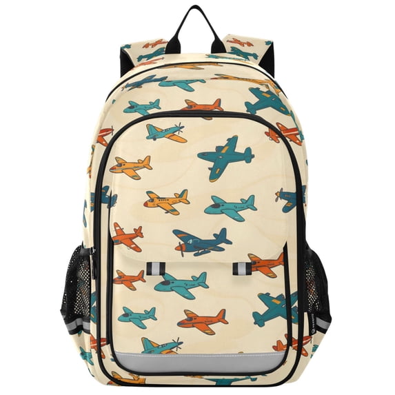 FORMRS Kids Backpack for School Unisex 17" Casual Bookbag Travel Daypack with Compartment Pockets, Brown Cartoon Planes Pattern