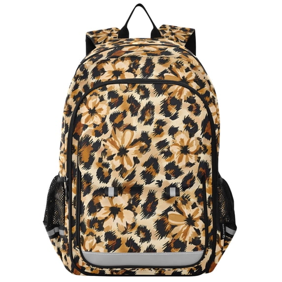 FORMRS Kids Backpack for School Unisex 17" Casual Bookbag Travel Daypack with Compartment Pockets, Brown Floral Leopard Pattern